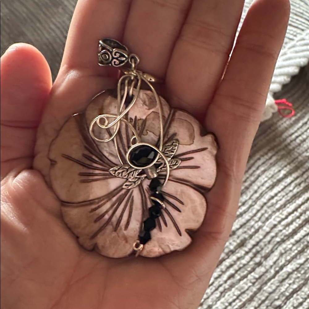 Hawaiian flower Pendant with  dragonfly & Black stone Accents